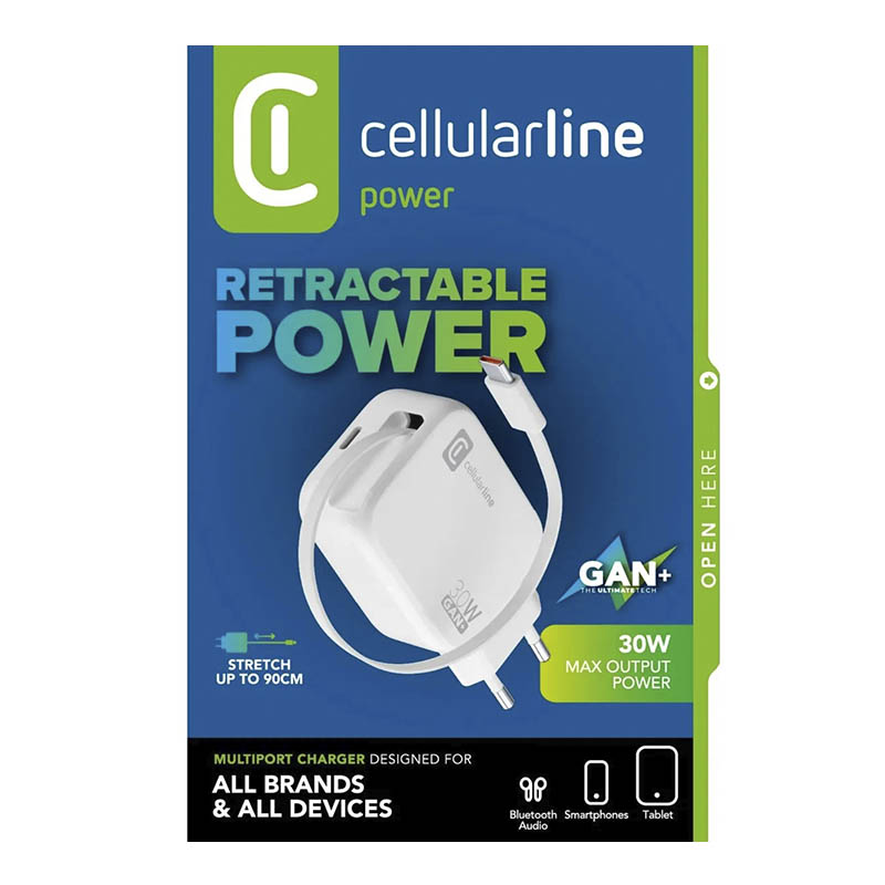 Cellularline Strømadapter USB-C m/uttrekkbar kabel